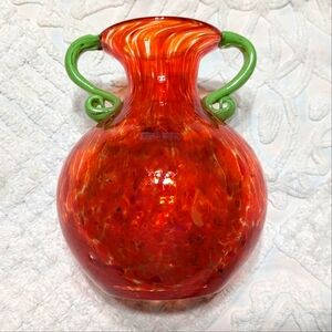 Nouveau Handblown Orange Glass Vase with Green Handles